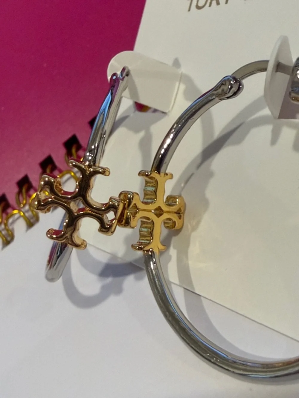 Tory Burch | Silver Hoop Earrings with Gold Logo Accents | Medium